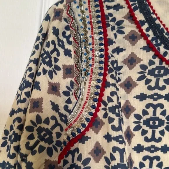 Indigo Moon Tan and Blue Patterned, Embellished Jacket, Size M, NWT - Picture 8 of 13